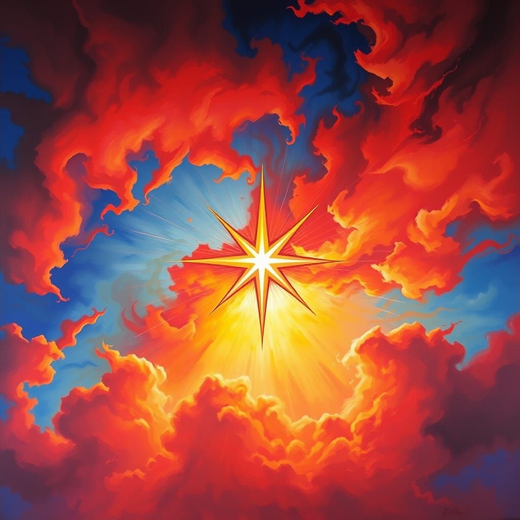 Celestial Body Radiates Vibrant Red Clouds and Fiery Rays in...