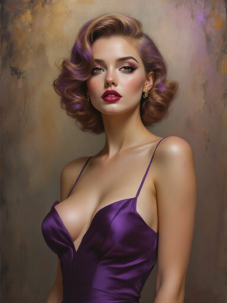 Pin-Up Woman in Purple Dress with Streaked Hair