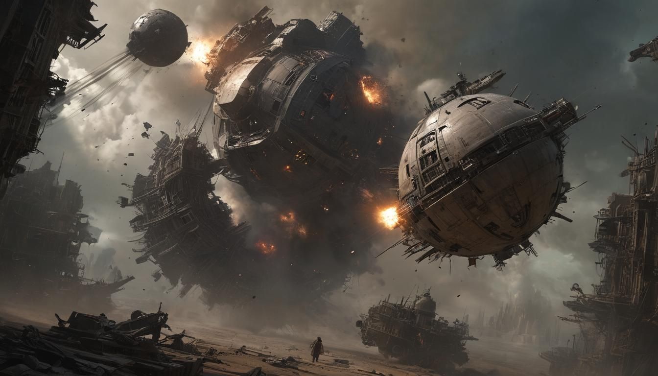 sphere shaped spacecraft, in space, exploding apart by exces...