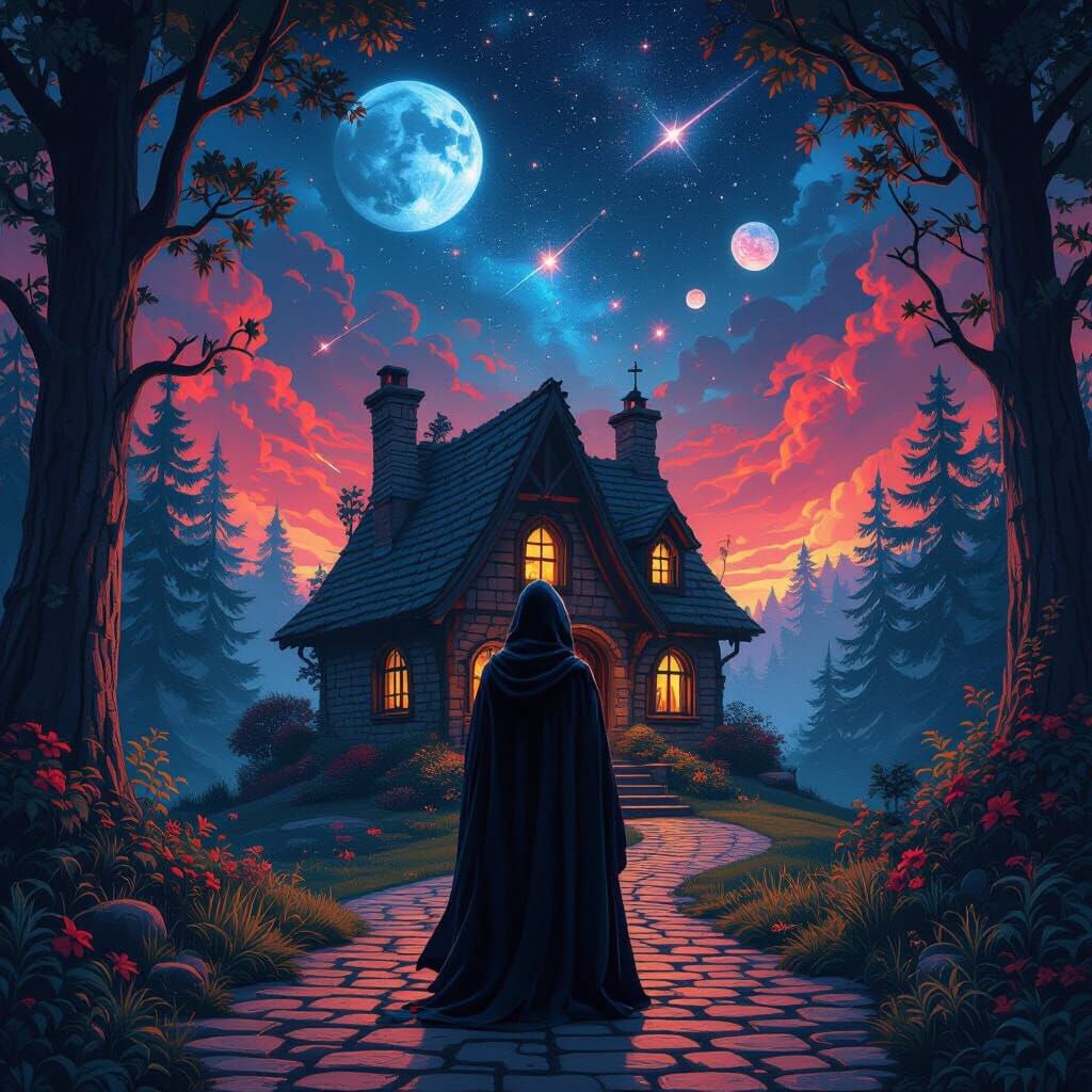 Mystical Cottage Scene Under Vibrant Night Sky