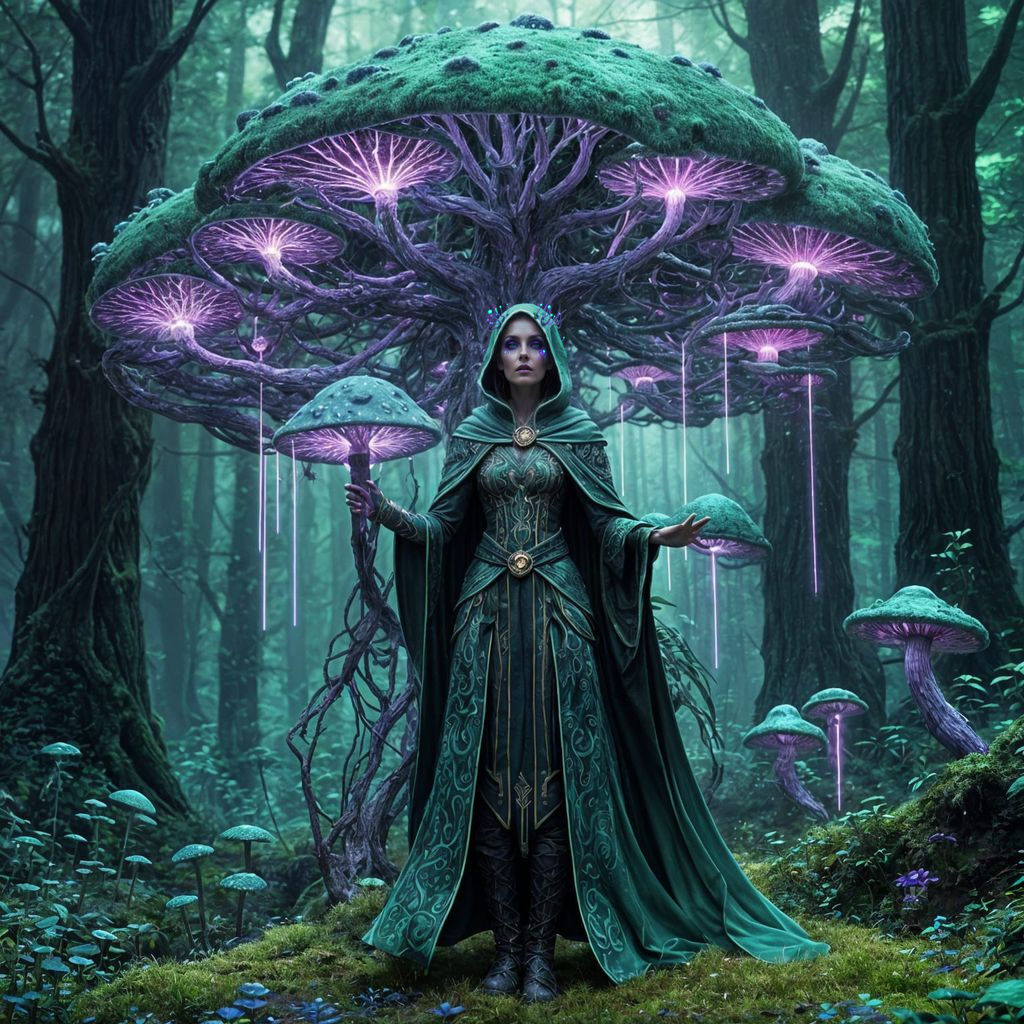 Cyberpunk Fungal Shaman in Glowing Mushroom City