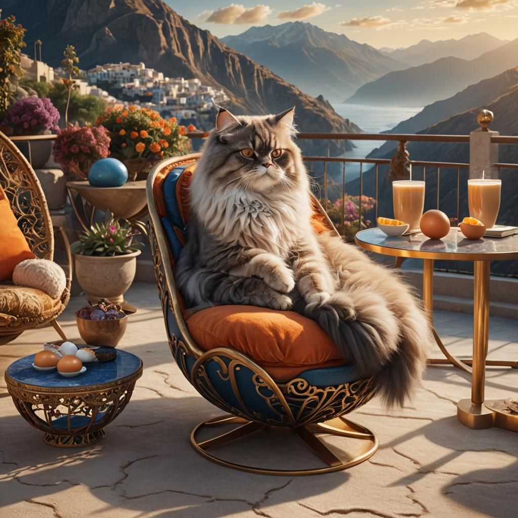 Persian Cat on Terrace Overlooking Ocean in Digital Painting