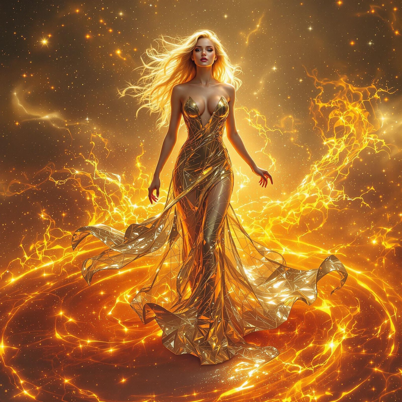 Radiant Star Goddess in Liquid Metal Gown