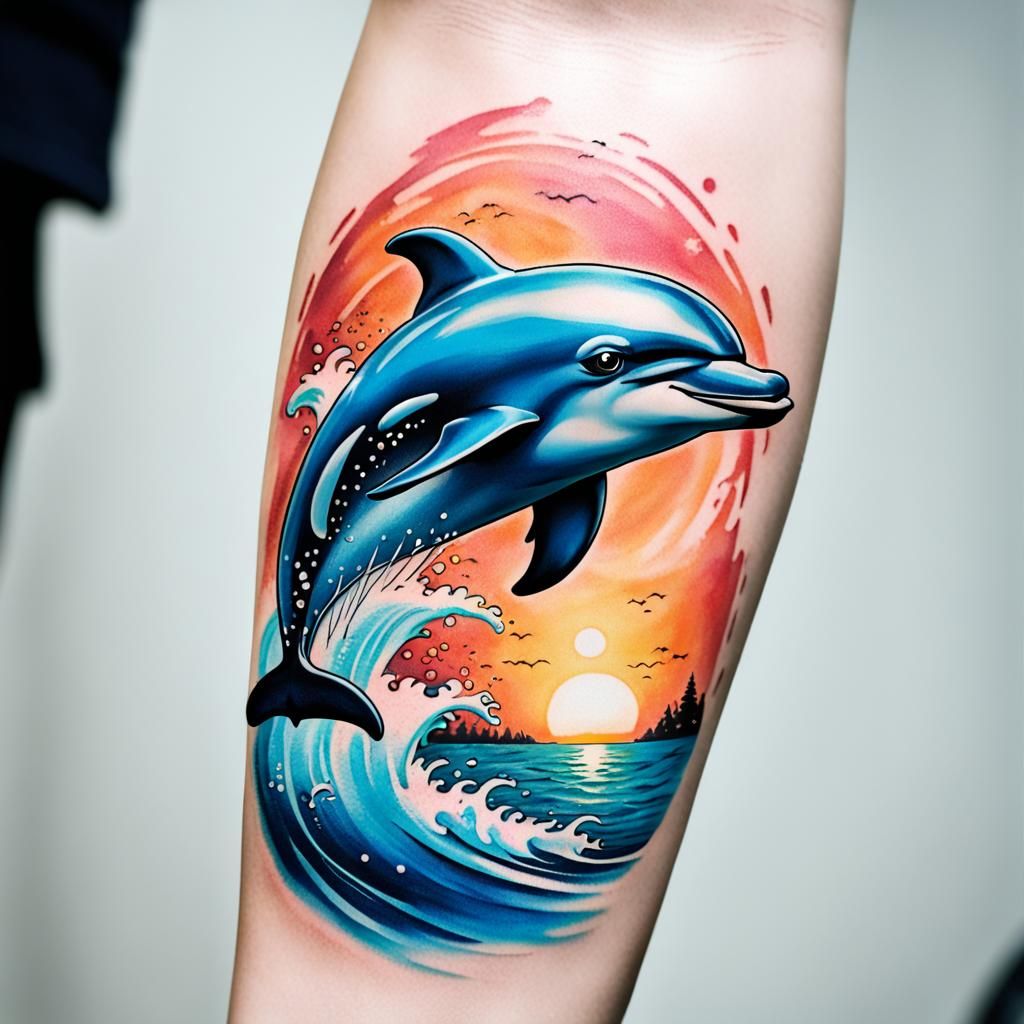 A gorgeous tattoo of a dolphin jumping out of the water