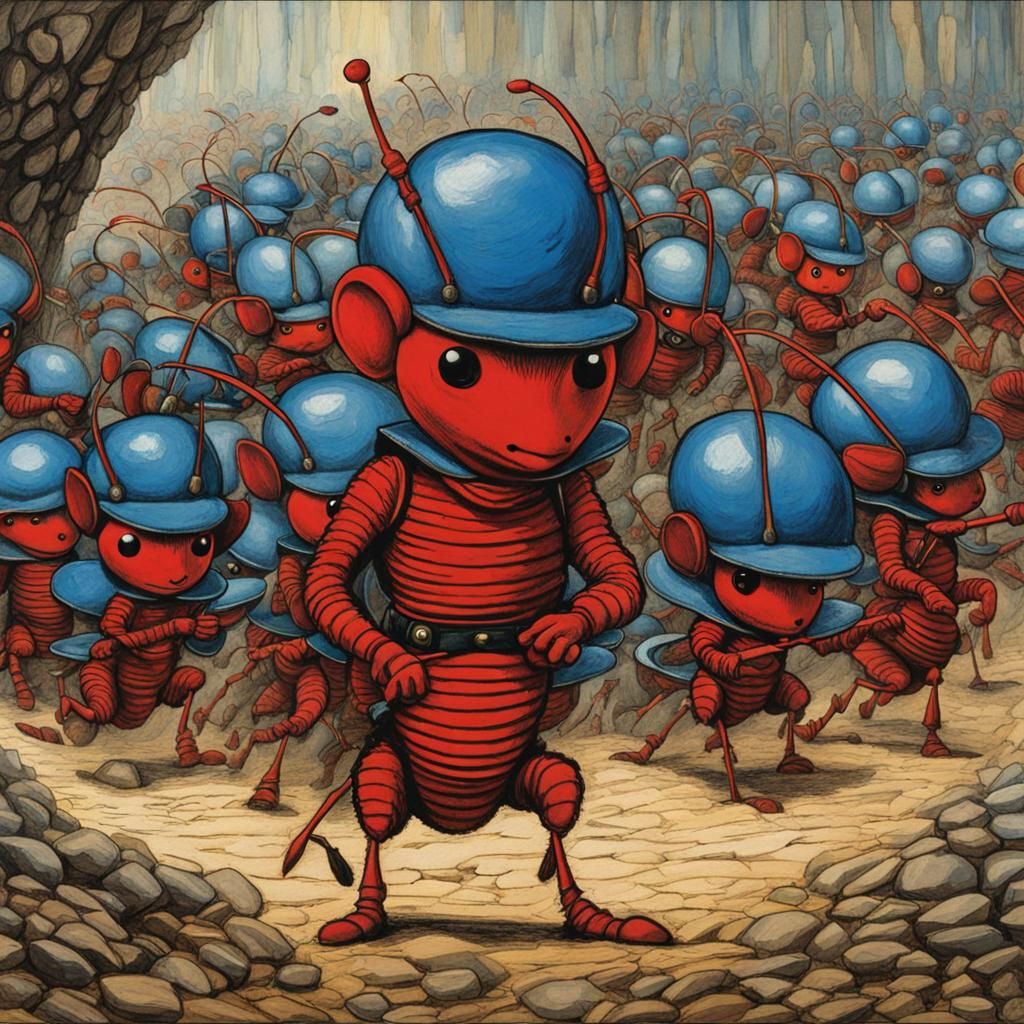 Red ant army in uniform marching into a kitchen #1