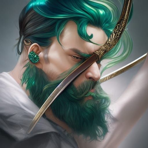 Green-Haired Warrior with Katanas, Hyper-Realistic Digital A...