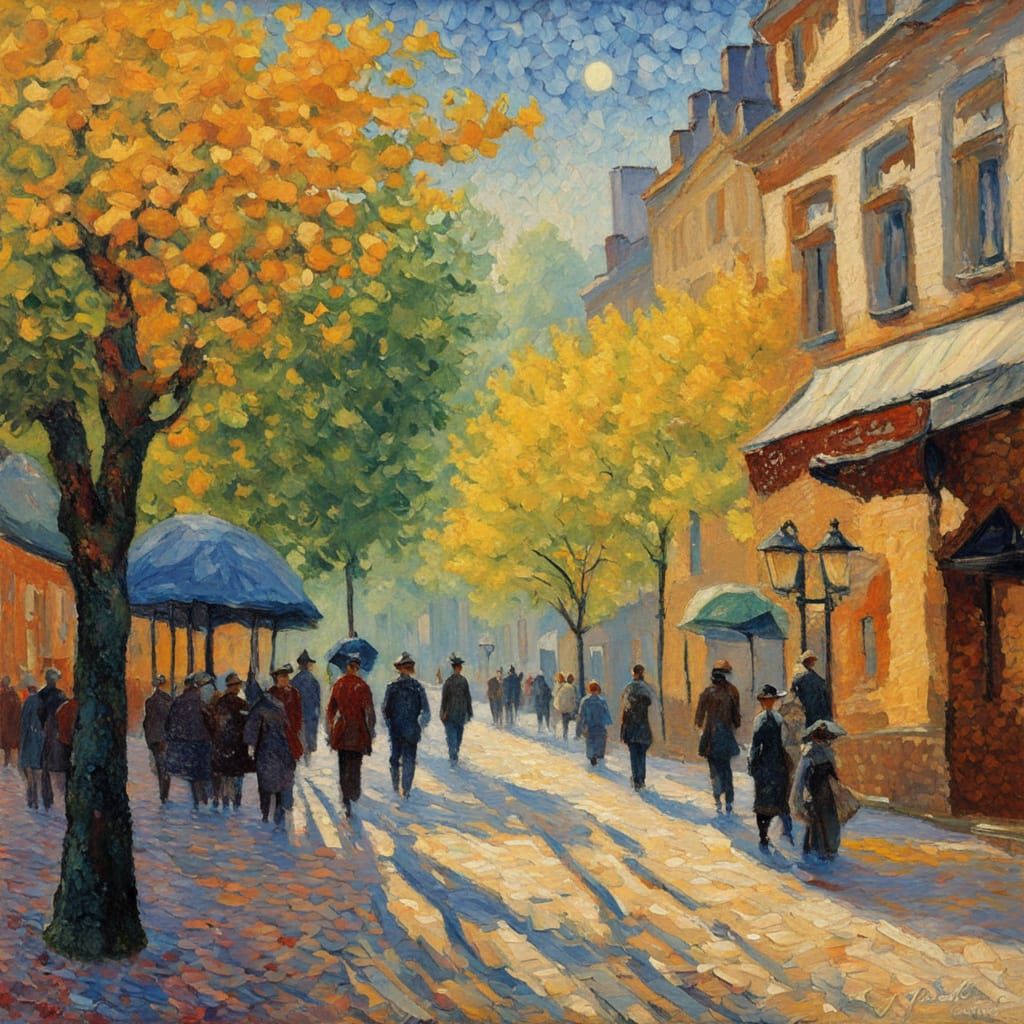 Vibrant Leipzig Street Scene in Neo-Impressionist Style