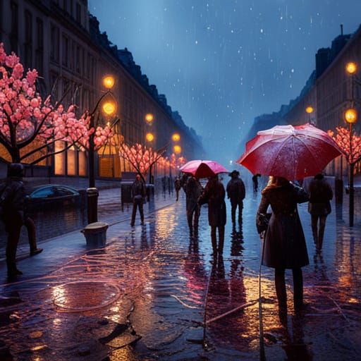 Rainy Cityscape with Flowers: Art Nouveau Style