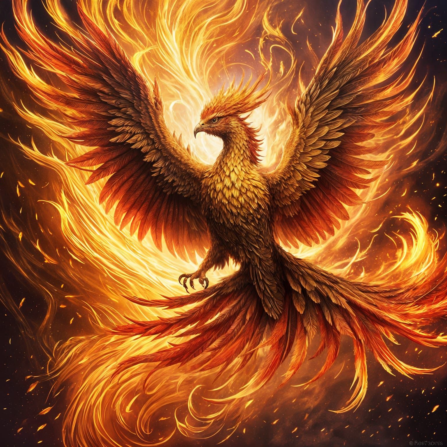 Fiery Phoenix Rising: Gold and Red Plumage