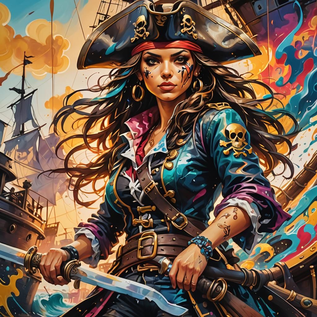 Pirate Girl Captain in Vibrant Street Art Style