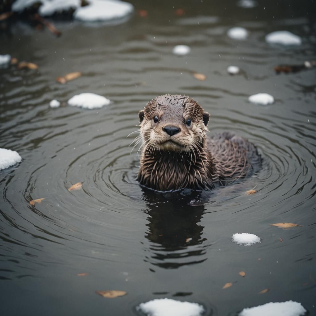 Epic Otter Baby Moment in Snowy Waters