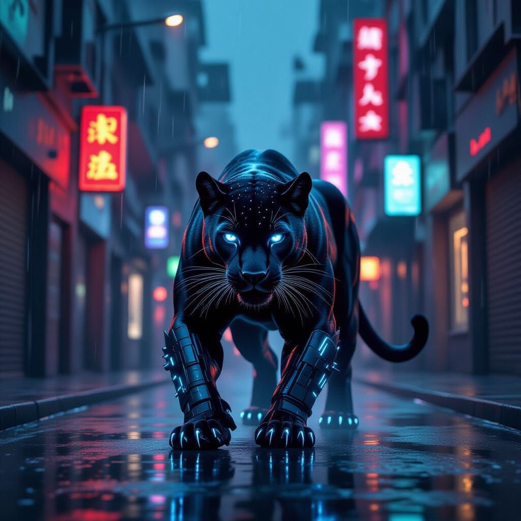 Cybernetic Panther Prowls Neon Alleyway