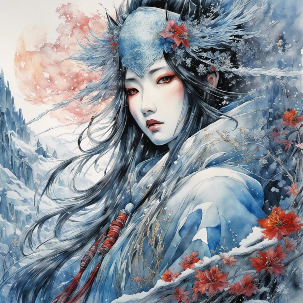 Yuki-Onna Watercolor Painting Inspired by Japanese Masters
