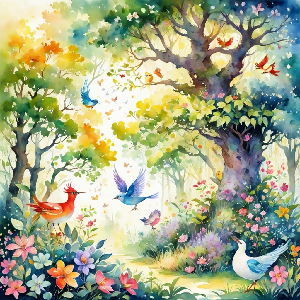 Watercolor Painting of Children and Animals in Clearing