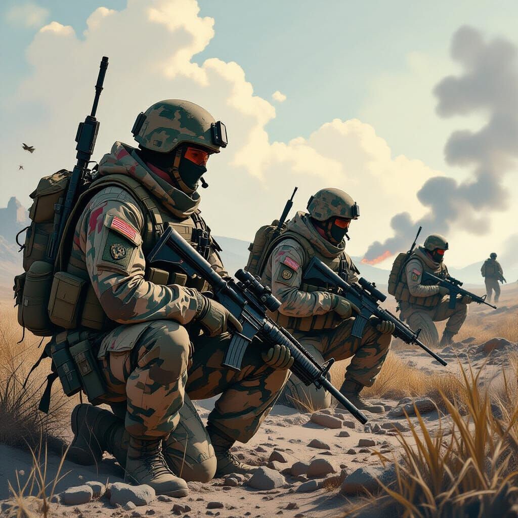 Soldiers Defend War-Torn Landscape in Dystopian Realism Styl...