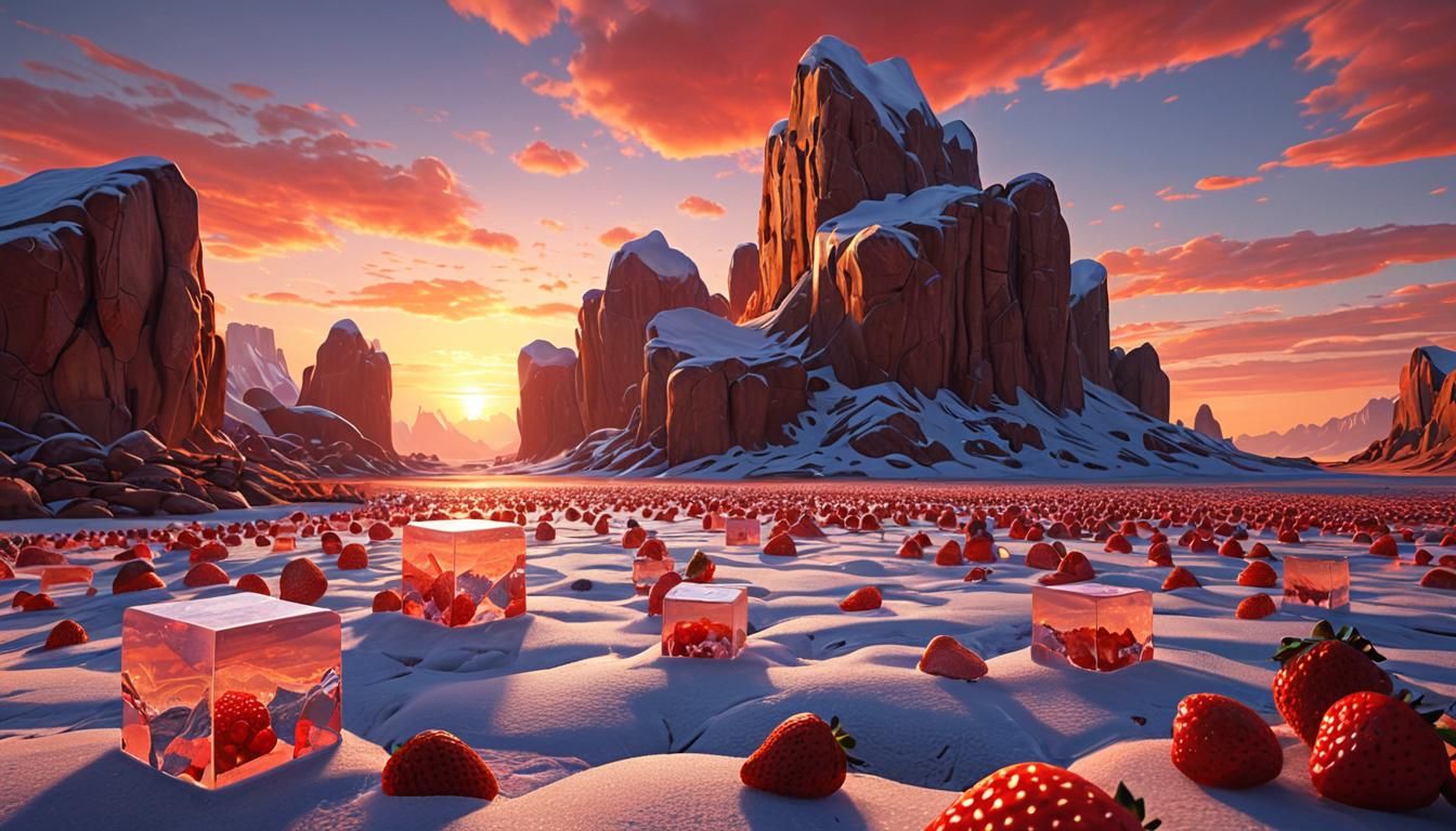 Crystal Strawberry Snake in Desert Sunset, Digital Art
