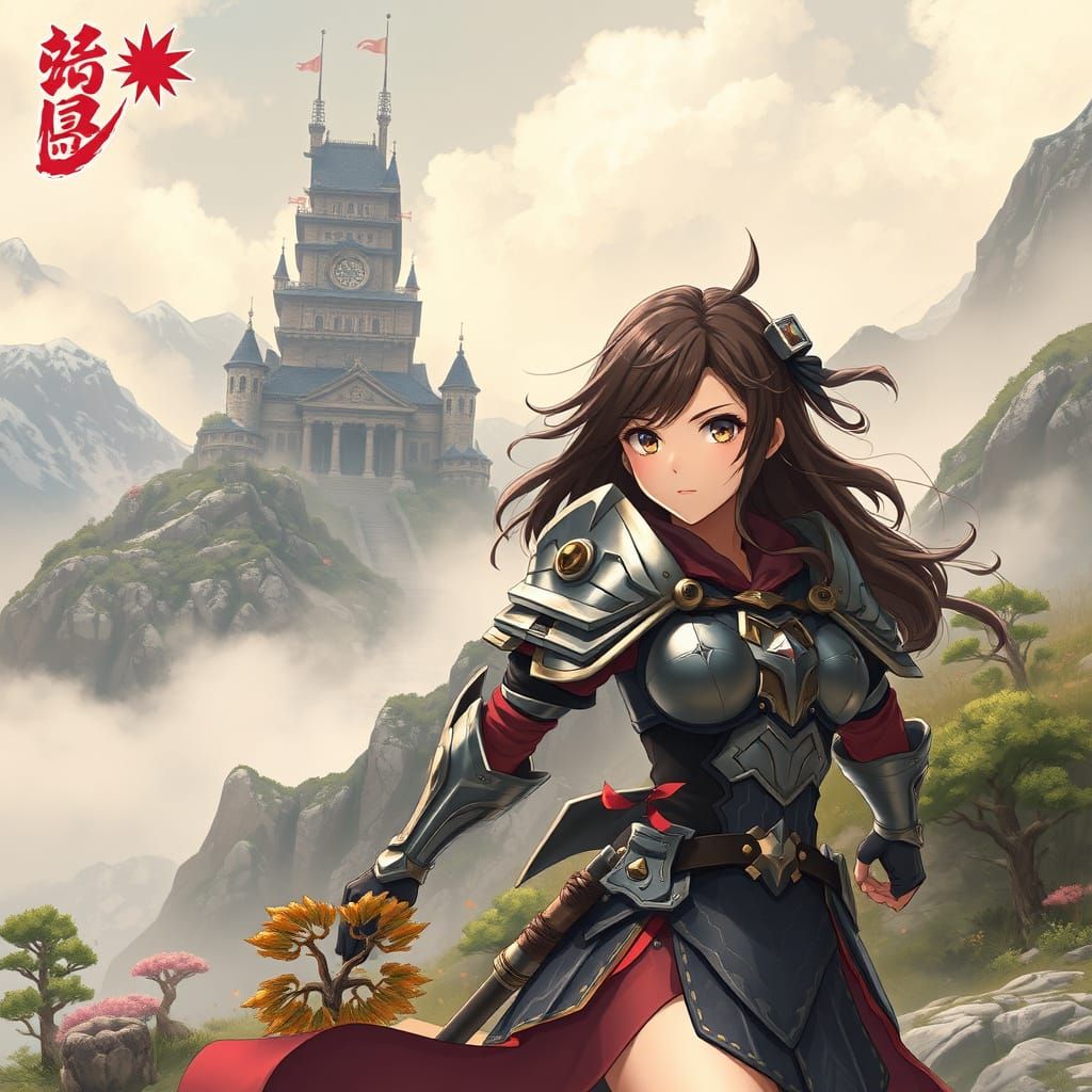 Fantasy Heroine Approaches Misty Mountain Castle