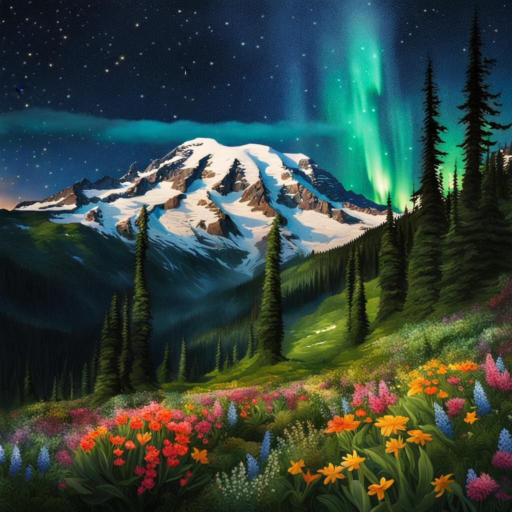 Vibrant Spring at Mt. Rainier Watercolor Illustration