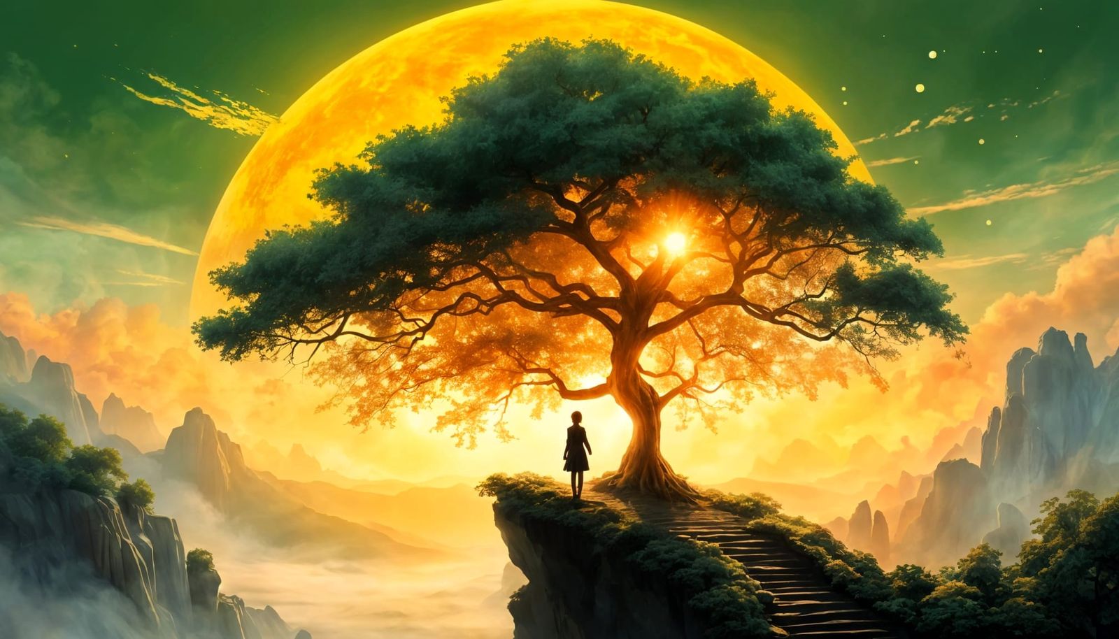 Ethereal Fantasy Landscape with Floating Cliff and Sun