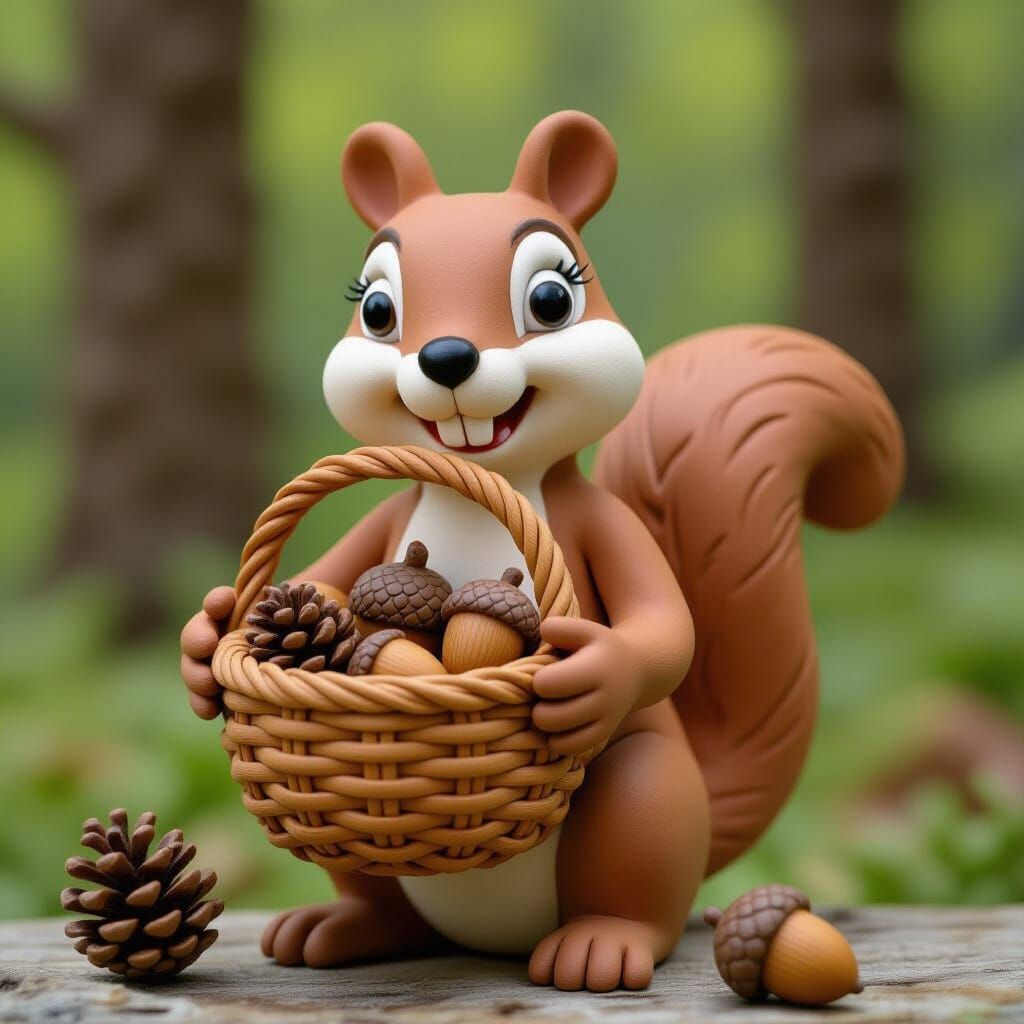 Realistic Clay Squirrel with Basket of Nuts