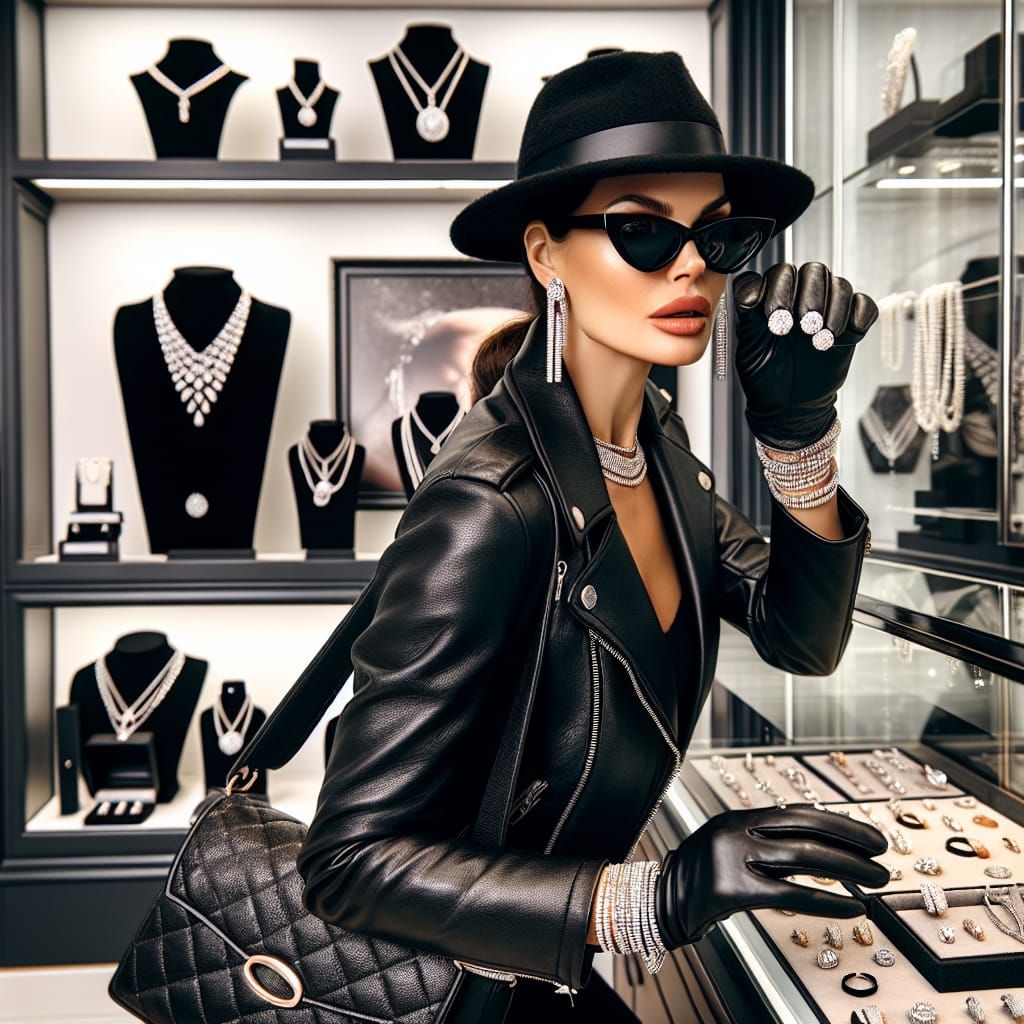 Woman Stealing Diamonds in Leather Outfit
