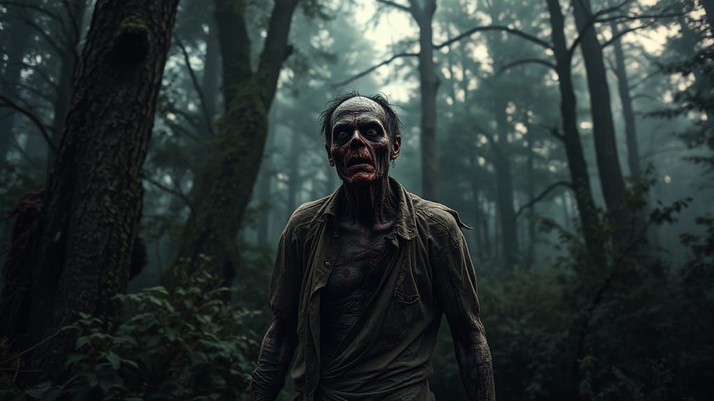 Decrepit Zombie in Misty Forest: High-Contrast Photo