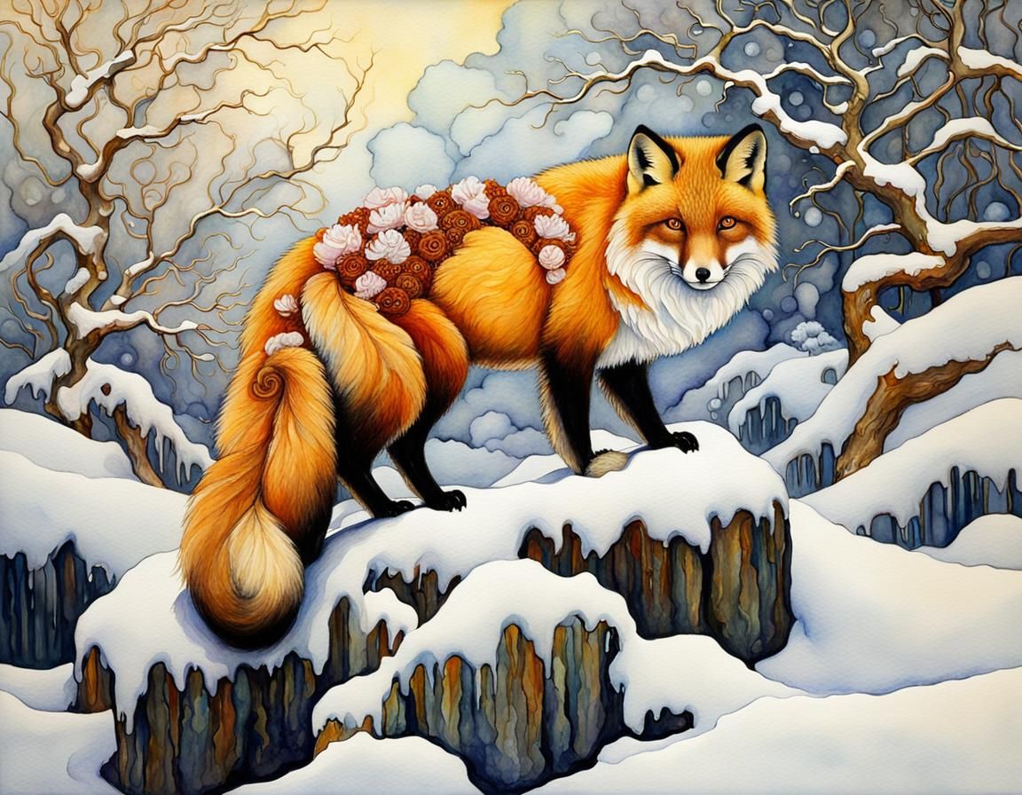 SNOW FOX perched exotic peony