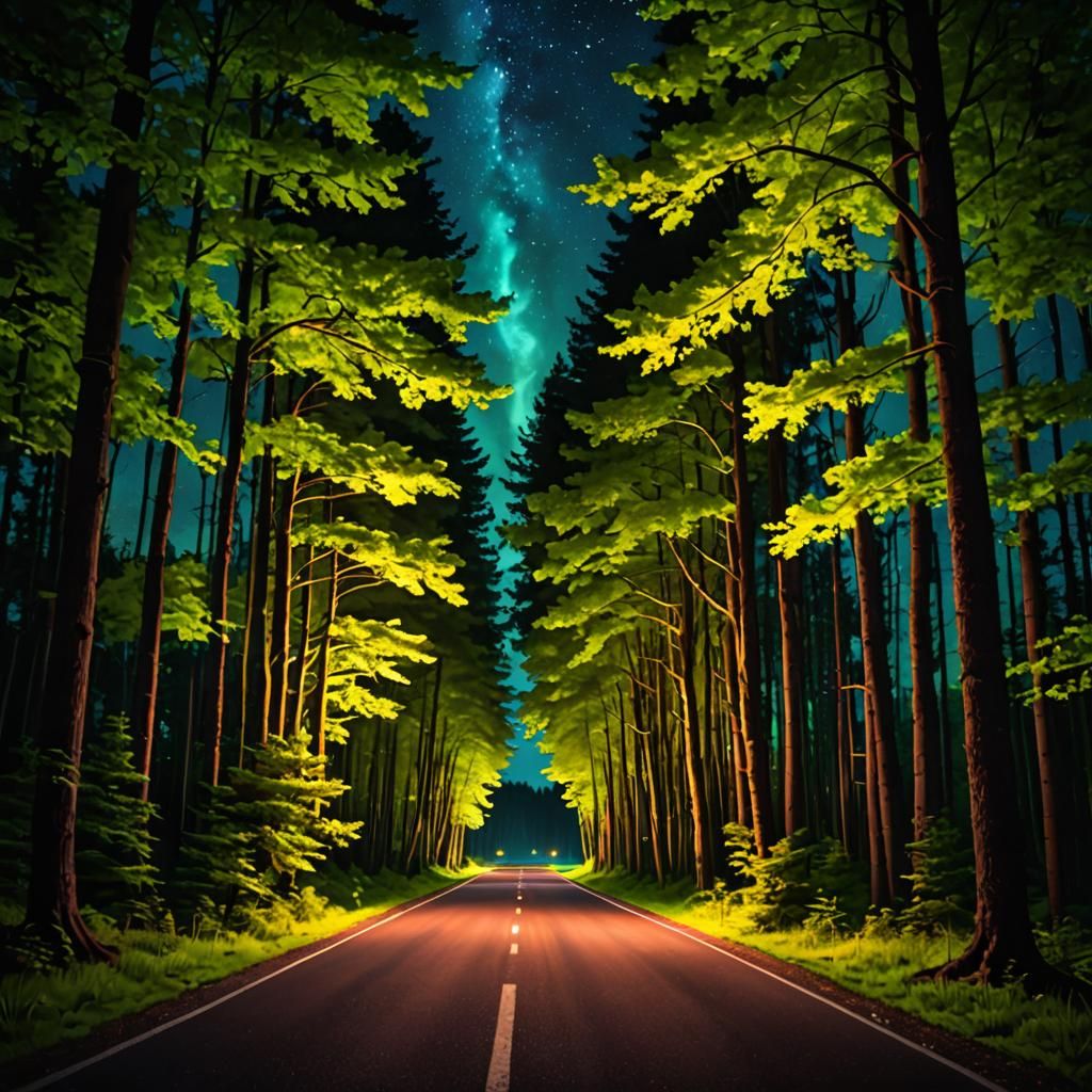 Glowing Road Through Forest at Night
