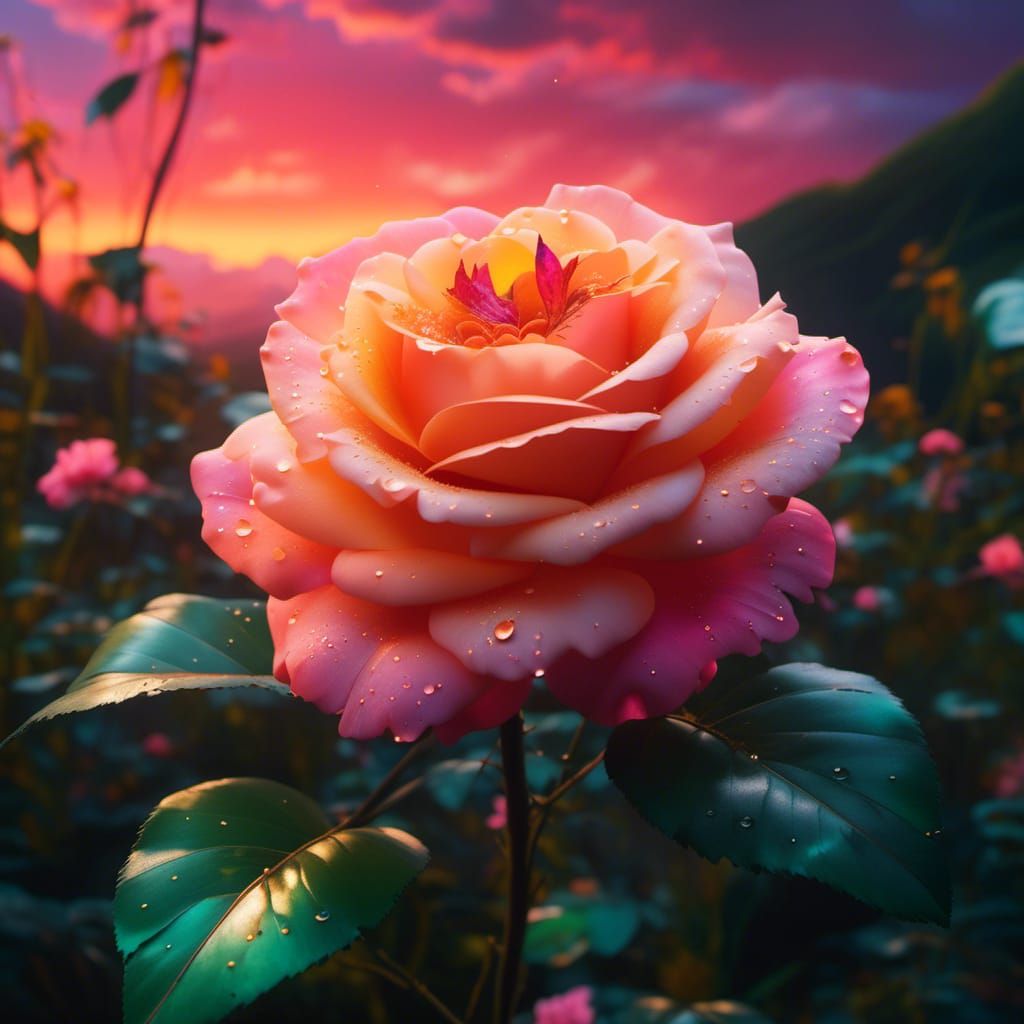 Orange-Pink Rose with Gold Detailing in Anime Style