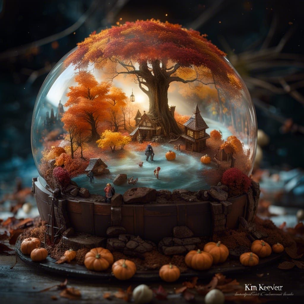 Change of season :Miniature fantasy autumn to winter wonderland coming out of a cake within a sphere.