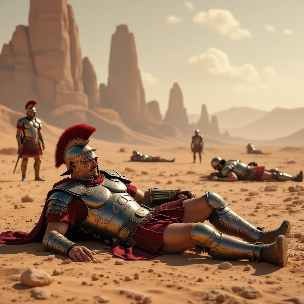 In the melee Roman soldiers fall on the battle field