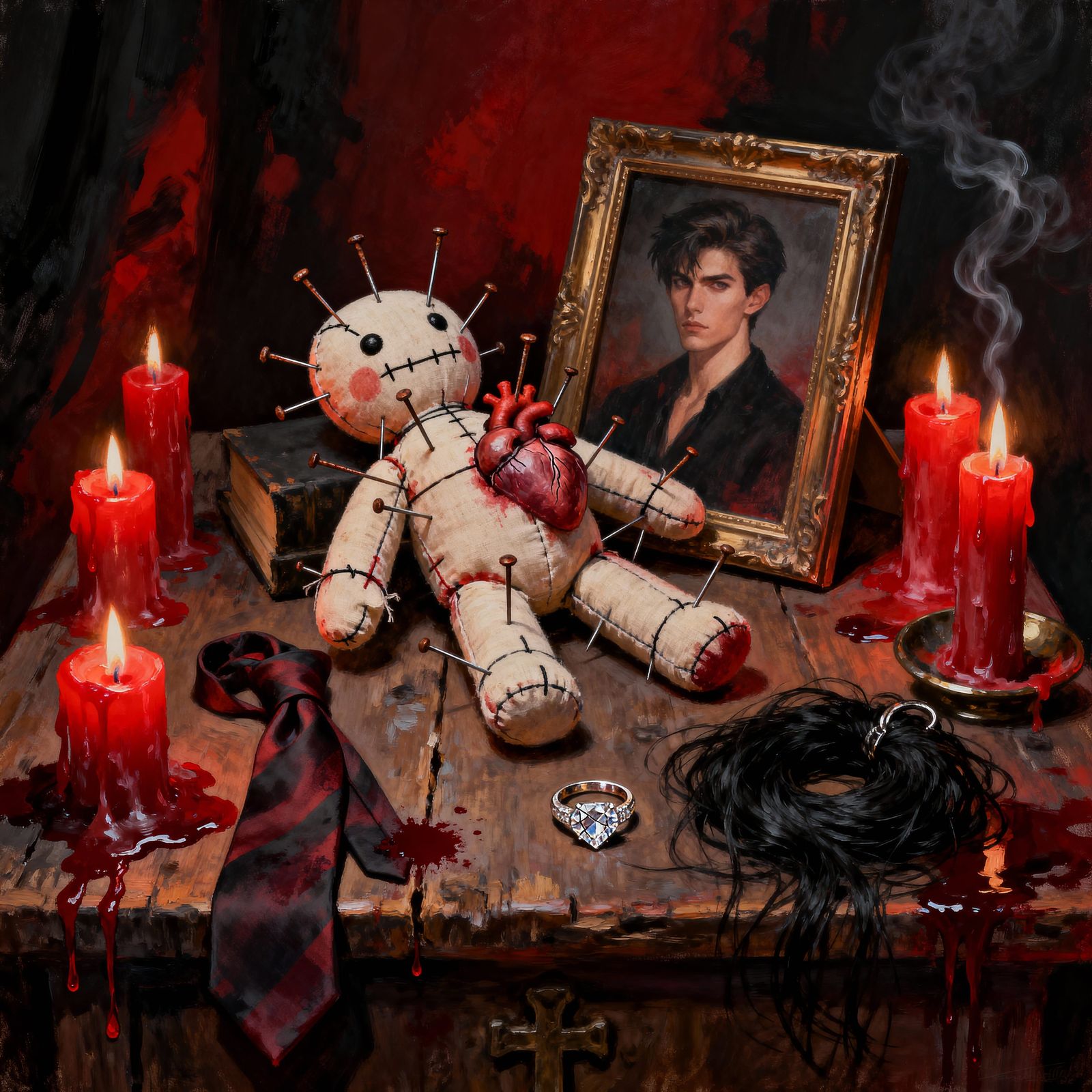 Dark Fantasy Oil Painting of Voodoo Doll Heart on Altar