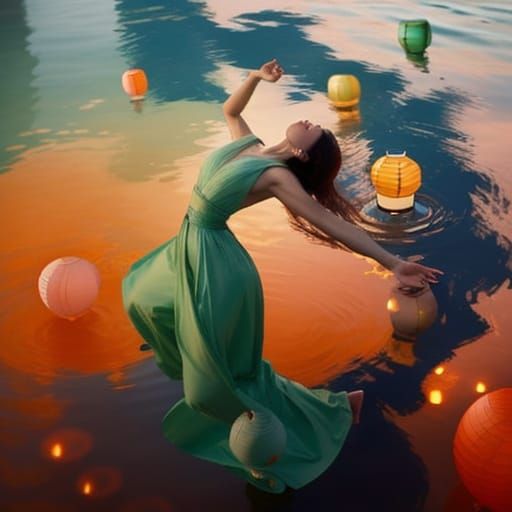 Leaping Woman Surrounded by Lanterns on Water