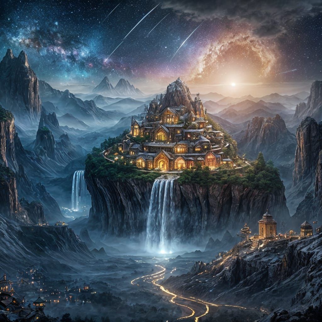 Book Mountains with Ink Waterfalls and Glowing Lanterns