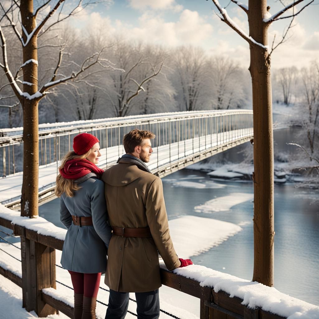 Couple Stares Out Over Frosty Riverbank in Winter Landscape