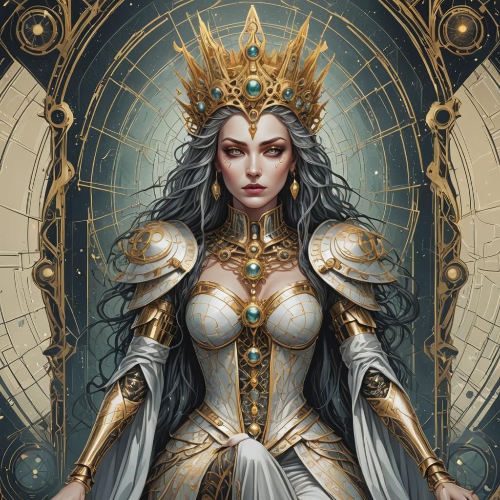 Cyber Queen Tarot Card in Digital Art Style