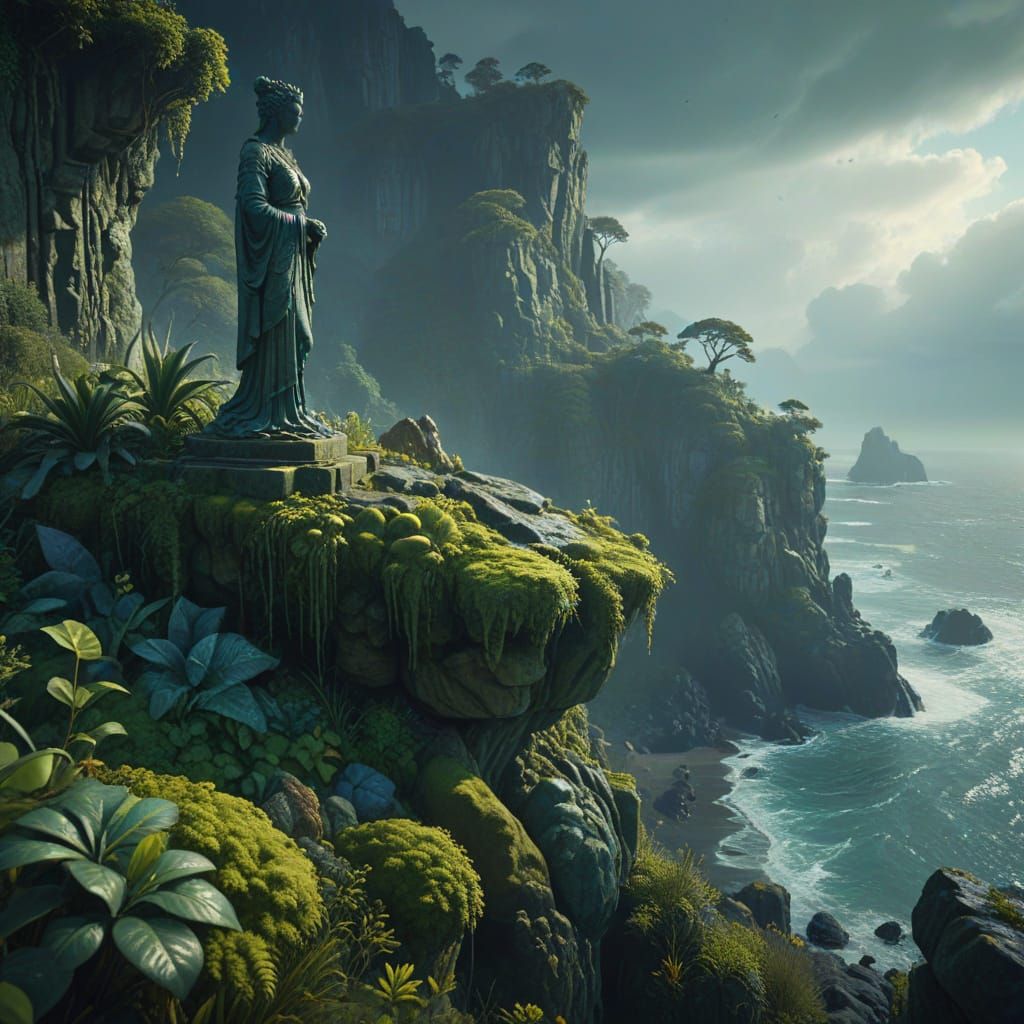 Mossy Statue on Stormy Cliff: Fantasy Matte Painting