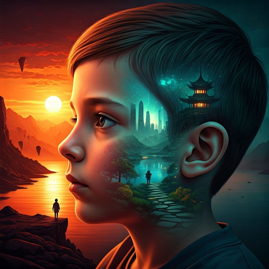 Surreal Double Exposure of Boy's Face with Fantasy Worlds
