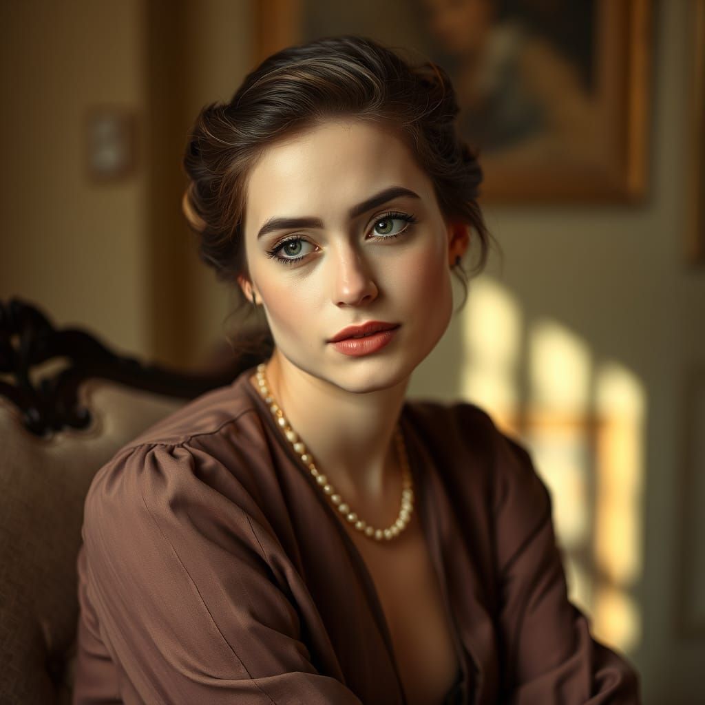 Elegant Woman in Contemplation, Inspired by 19th-Century Rus...