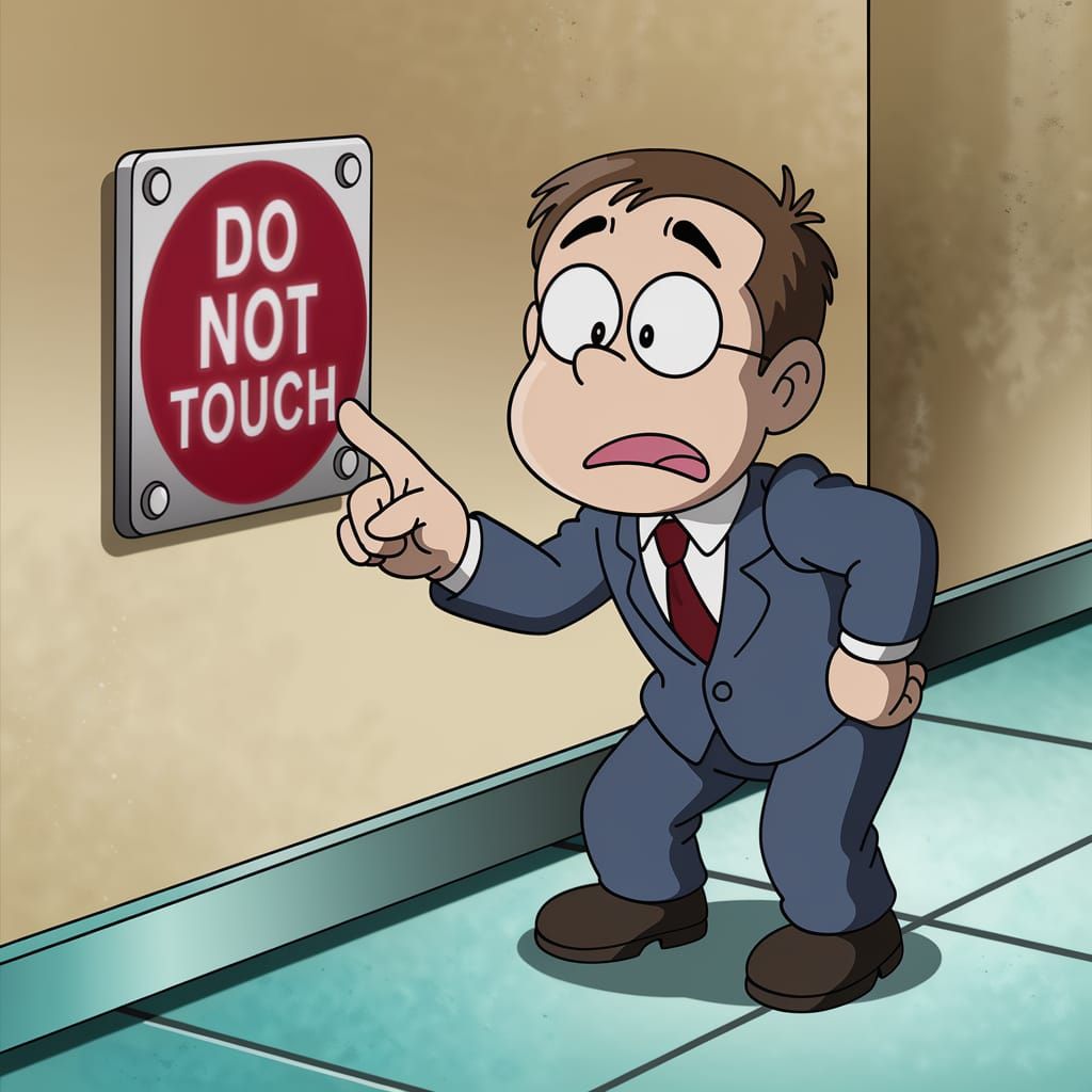 A Cartoon Character Hesitates Before DO NOT TOUCH Button