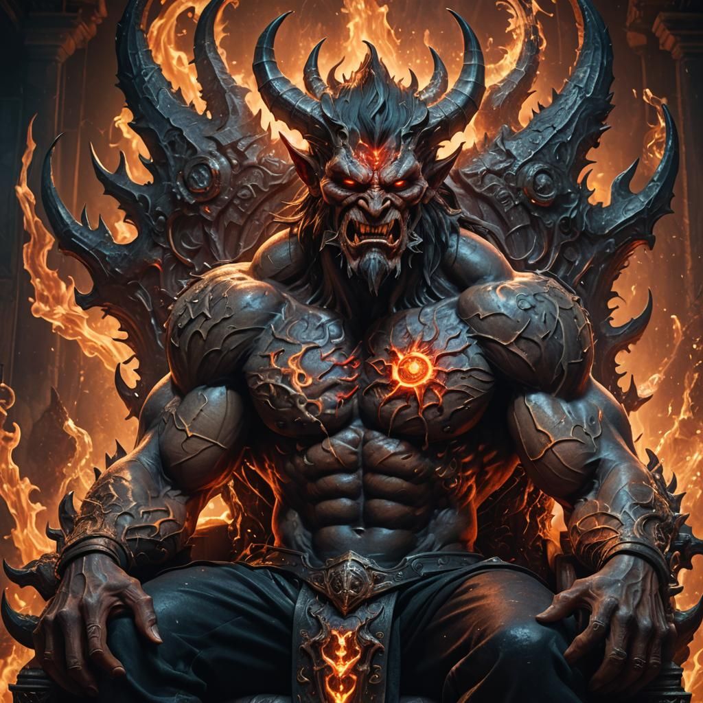 Muscular Tattooed Demon on Throne in Hyperrealistic Style