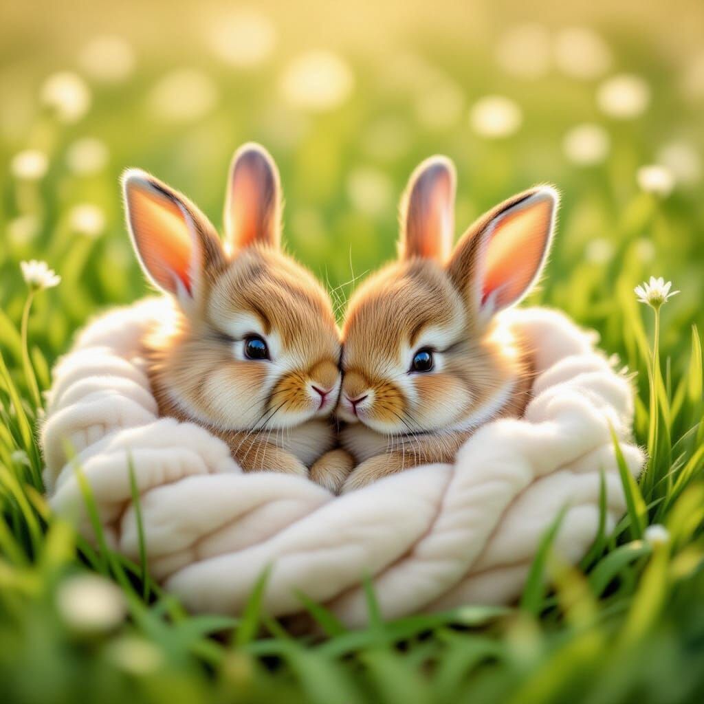 Baby Bunnies Snuggling in a Meadow
