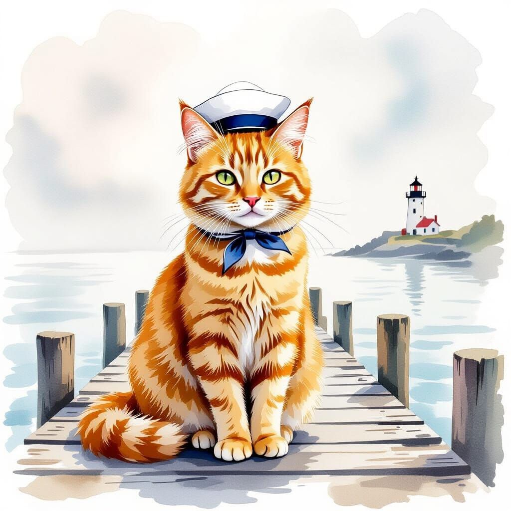 Ginger Cat in Sailor Hat on Pier, Watercolor Style