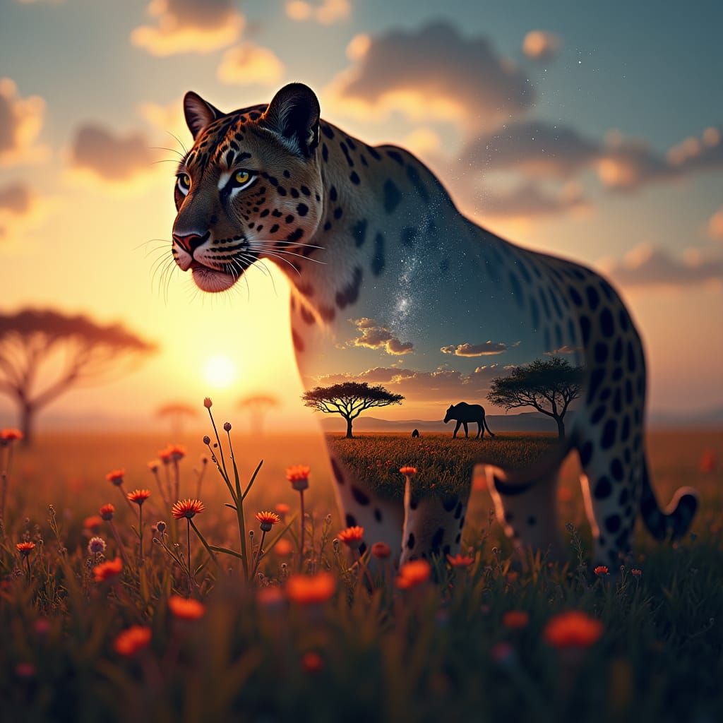 Majestic Panther Double Exposure: Savannah and Stars