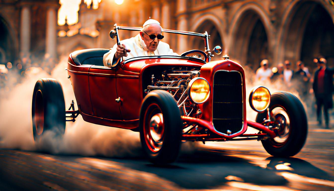 Surreal Bone Hotrod Driven by Pope with Devil Horns