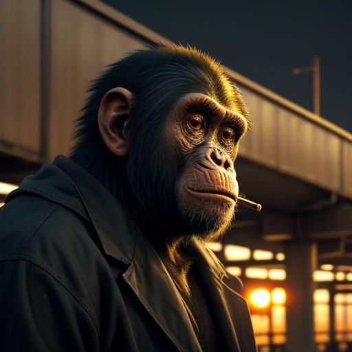 Planet of the Apes Chimpanzee half hobo smoking in a subway
Sunset
