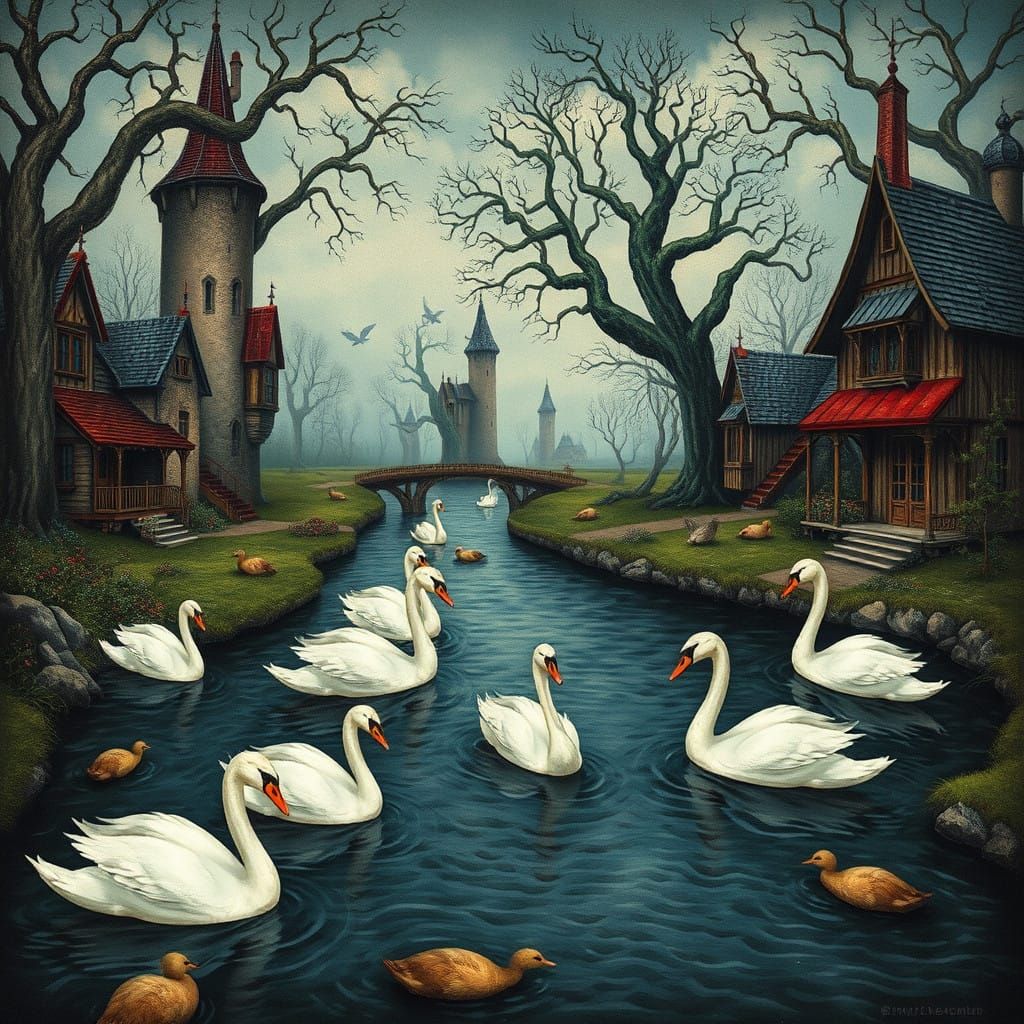 Whimsical Swans in Medieval Dreamscape