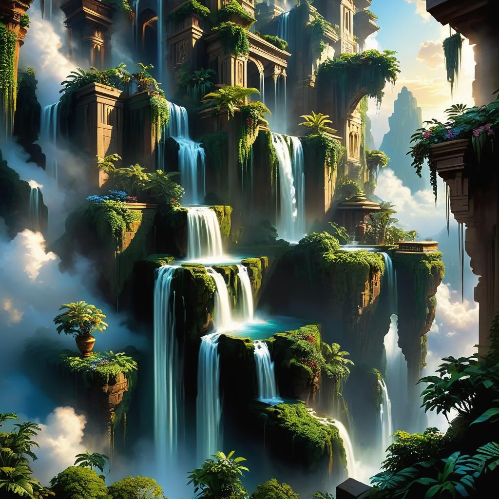 Scenic floating tropical oasis waterfall high above the clou...