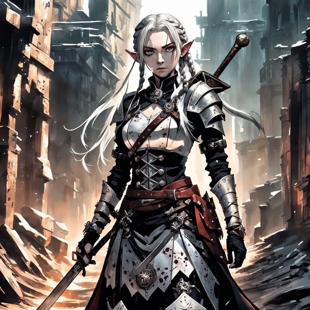Steampunk Elf Warrior in Gritty Cityscape