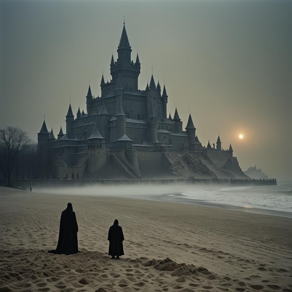 Dystopian Sandcastle: Eerie Surrealism on a Mist-Shrouded Be...